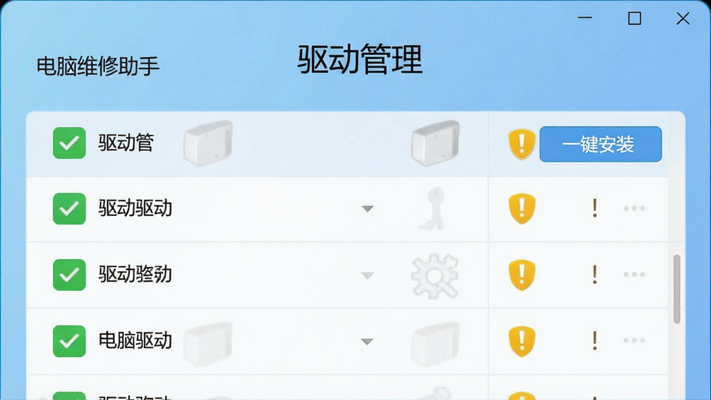 一张电脑维修助手驱动管理功能的界面截图,界面显示驱动列表及“一键安装”按钮,驱动状态用绿色对勾和黄色感叹号区分,背景为浅蓝色渐变,文字标注“驱动管理”,画质干净,无多余元素。