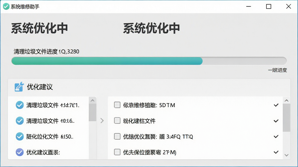 一张电脑维修助手进行系统优化时的进度界面截图,显示清理垃圾文件进度条和优化建议列表,背景为浅灰色,文字标注“系统优化中”,画质干净。