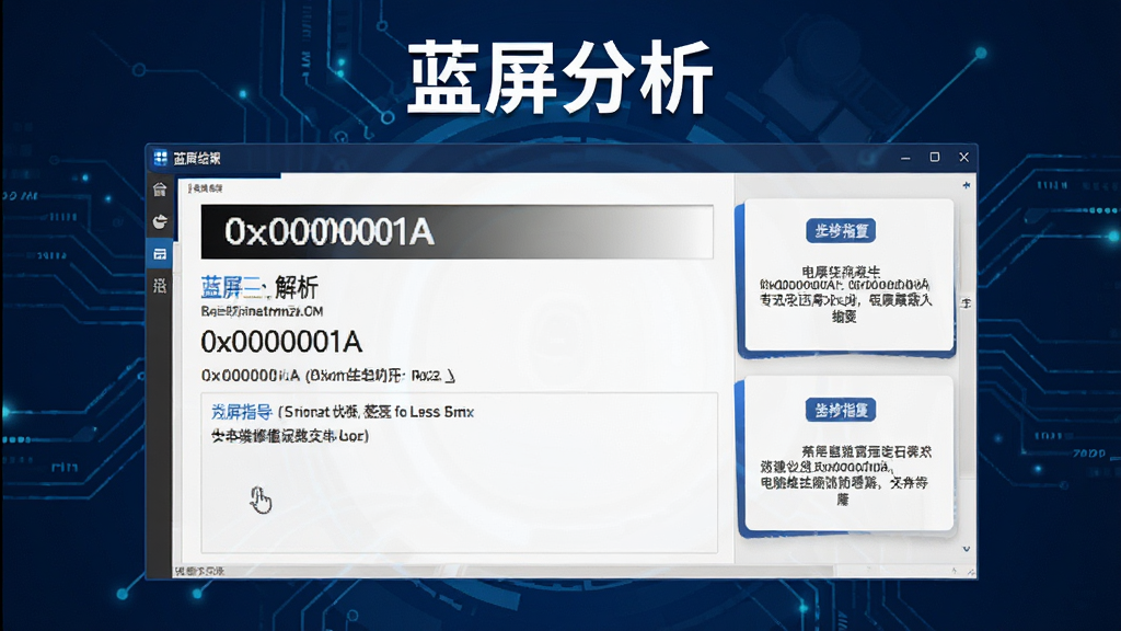 一张电脑维修助手蓝屏分析功能的预览图,界面显示蓝屏代码“0x0000001A”及解析结果,配有步骤指导卡片,背景为深蓝色科技风,文字标注“蓝屏分析”,画质干净。