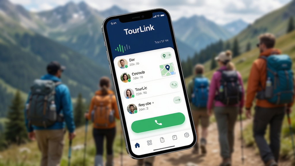 主体为一部智能手机屏幕显示TourLink主界面,界面顶部有“TourLink”品牌标识,中部是群组对讲列表与绿色通话按钮,底部为导航栏;布局采用居中构图,手机略微倾斜展示,背景为虚化的户外山野与团队行走场景;排版清晰,界面元素高亮突出,色彩以深蓝与白色为主,辅以绿色强调色;风格现代科技感,细节包括信号波形图标、成员头像与地图定位标记;画质高清,干净,无多余元素
