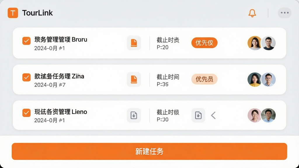 主体为TourLink任务管理界面,屏幕上方是待办任务卡片列表,包含标题、截止时间与优先级标签,底部为“新建任务”按钮;布局采用列表式排列,卡片圆角设计,背景为浅灰色;排版清晰易读,色彩以白色与橙色强调色为主;风格简洁商务,细节包括勾选动画、附件图标与成员头像;画质干净,无多余元素