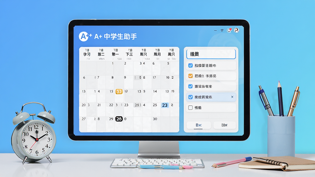 一张展示A++中学生超级学习助手学习计划界面的图片,画面中有日历和任务列表,旁边有闹钟和文具,背景是清爽的渐变蓝色,风格简约现代,细节丰富,画质清晰,干净,无多余元素