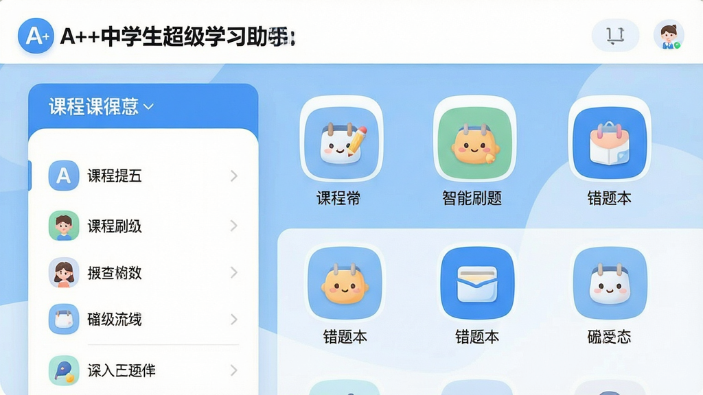 一张展示A++中学生超级学习助手主界面的高清截图,画面包含课程列表、智能刷题、错题本等核心功能图标,整体风格清新明亮,采用蓝白配色,界面布局简洁大方,图标圆润可爱,画质细腻,干净,无多余元素