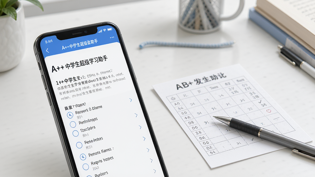 一张展示A++中学生超级学习助手智能刷题界面的图片,画面中有手机屏幕显示题目和选项,旁边有答题卡和笔,背景是书桌,风格简洁明亮,细节丰富,画质清晰,干净,无多余元素