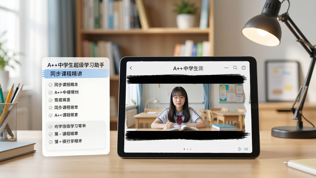 一张展示A++中学生超级学习助手同步课程精讲界面的图片,画面中有平板电脑显示课程视频,旁边有知识点列表,背景是书架和台灯,风格写实明亮,细节丰富,画质清晰,干净,无多余元素