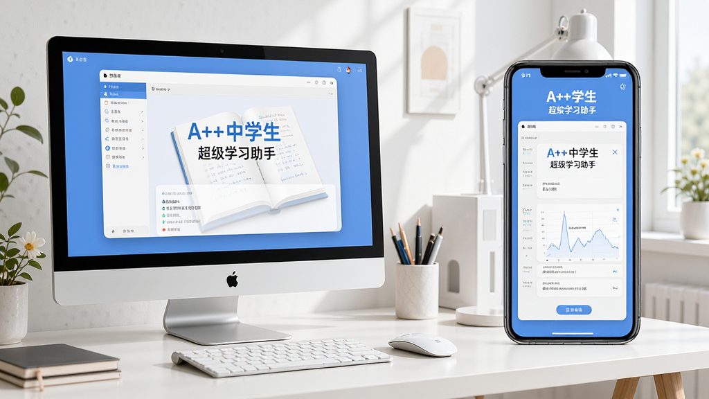 一张展示A++中学生超级学习助手在电脑和手机上使用的对比图,左侧是电脑屏幕显示软件界面,右侧是手机显示软件界面,背景是简洁的工作台,风格干净明亮,细节丰富,画质清晰,无多余元素