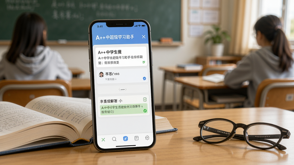 一张展示A++中学生超级学习助手在线答疑界面的图片,画面中有手机屏幕显示提问和解答,旁边有书本和眼镜,背景是教室,风格写实温馨,细节丰富,画质清晰,干净,无多余元素