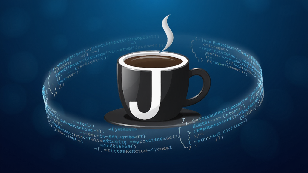 一张展示Java Runtime Environment软件启动界面的高清图片,主体是标志性的Java咖啡杯图标,背景为深邃的科技蓝渐变,图标周围环绕着由代码字符组成的立体光带,布局居中,风格简洁现代,细节包括图标表面反射细腻光泽,画质清晰干净,无多余元素