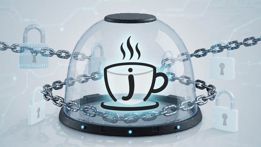 一张安全防护概念图,主体是一个透明的防护罩笼罩着Java咖啡杯图标,周围有数字代码形成的锁链,布局居中,风格写实,细节体现防护罩的坚固和科技感,画质清晰,无多余元素