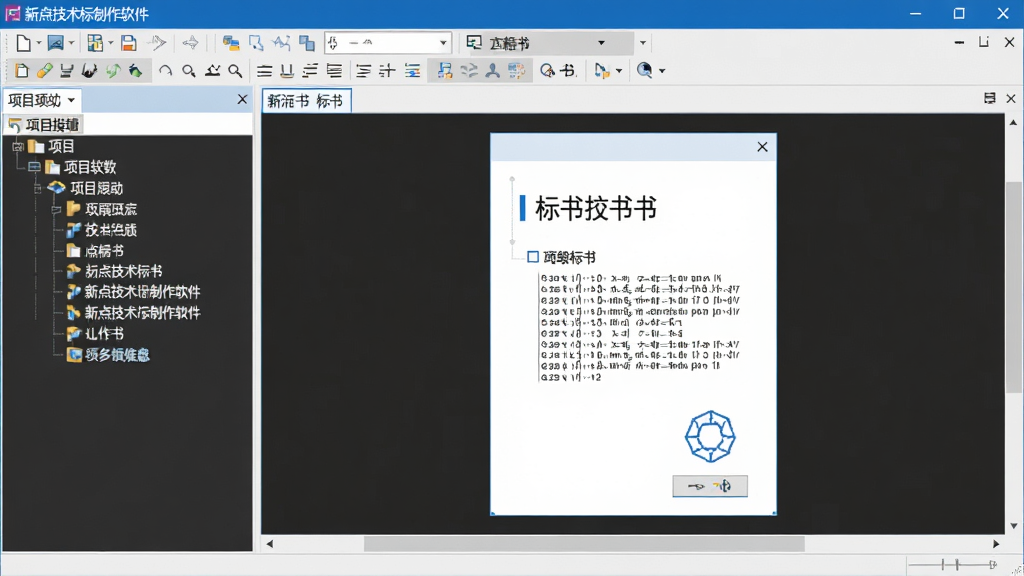 新点技术标制作软件主界面截图,左侧为项目导航树,右侧为标书编辑区域,顶部工具栏清晰,整体布局简洁专业,采用蓝白配色,画质清晰,干净无多余元素