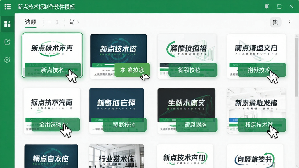 新点技术标制作软件模板选择界面,展示多个行业模板缩略图,鼠标悬停高亮,界面清爽,绿色主调,画质清晰,干净无多余元素