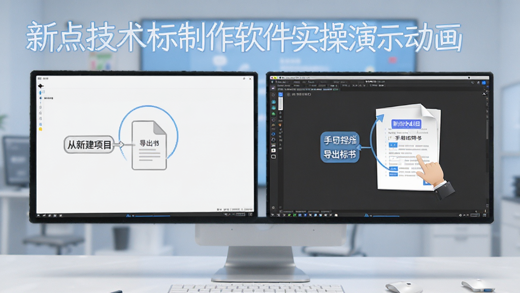 新点技术标制作软件实操演示动画,手把手指导用户从新建项目到导出标书,画面流畅,文字标注清晰,整体风格明亮,干净无多余元素
