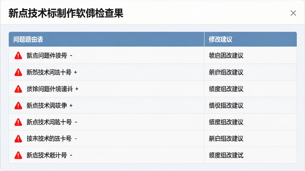 新点技术标制作软件检查结果页面,列出问题列表和修改建议,界面清晰,红色警告标识,浅色背景,画质锐利,干净无多余元素