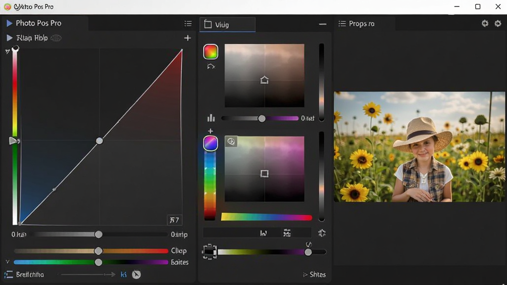 Photo Pos Pro 色彩调整工具界面,展示曲线调整、色相饱和度面板及预览效果,色彩丰富,界面直观,无多余元素