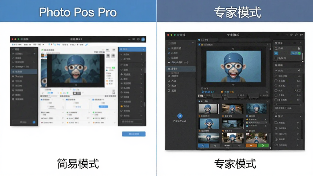 Photo Pos Pro 简易模式与专家模式界面对比图,左侧为简洁的简易模式,右侧为功能丰富的专家模式,突出双模式操作的便利性,画质清晰,界面干净
