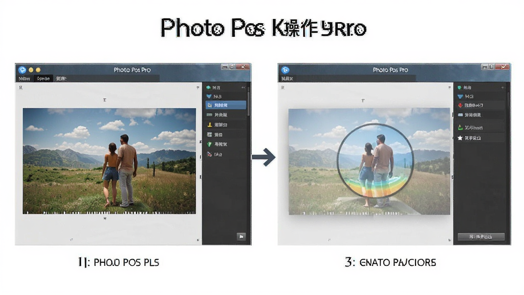 Photo Pos Pro 操作步骤图示,展示从打开图片到保存导出全流程的界面截图,步骤清晰,画质干净,无多余元素