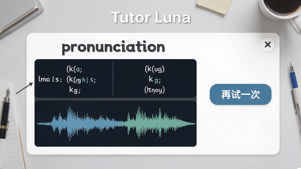 չʾTutor Luna�����������ܵ�Ԥ��ͼ����������ʾ���ʡ�pronunciation����������Ͳ��ζԱ�ͼ���Ҳ��С�����һ�Ρ���ť������Ϊ����ǳ��ɫѧϰ���棬�����������ǿ��ͻ���������ơ�Tutor Luna��������ϸ�壬�޶���Ԫ��