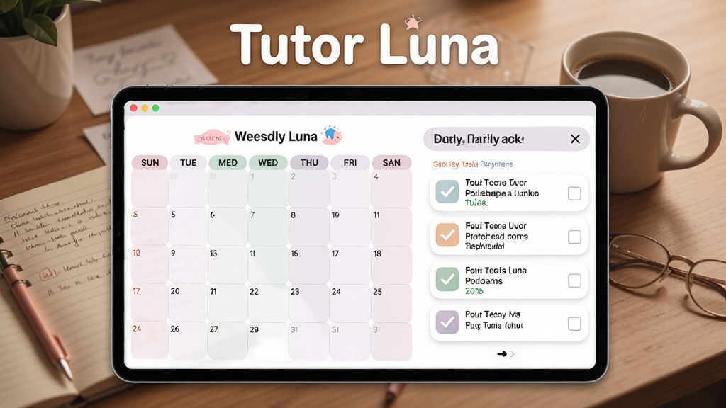 չʾTutor Luna���Ի�ѧϰ�ƻ������ͼƬ����������ʾһ��ѧϰ������ÿ�������嵥������Ϊ���бʼǱ��Ϳ��ȱ�����������������ܰ�Ҿ��й����У�ͻ����Tutor Luna�����ƣ����ʸɾ����޶���Ԫ��