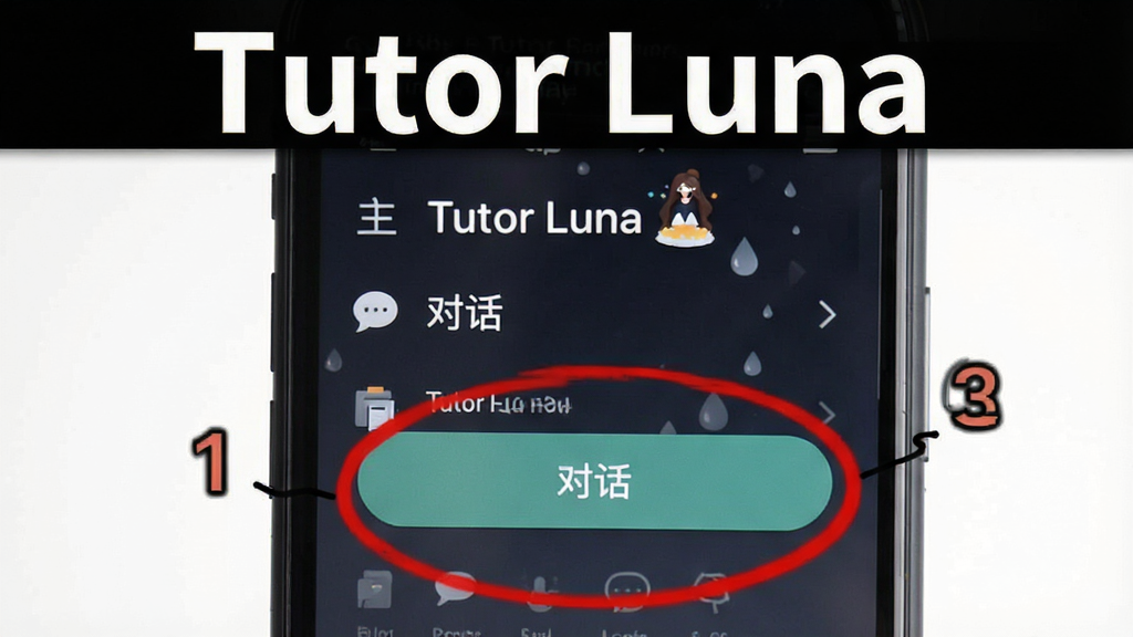 չʾTutor Lunaʹ�ý̳̲���Ľ�ͼ���������ֻ���Ļ��ʾӦ�����˵������ú�ɫȦ�����Ի�����ť���Ա��в������ֱ�ע������Ϊ����ɫ�����������ѧ�磬ͻ����Tutor Luna�����ƣ����ʸ��壬�޶���Ԫ��