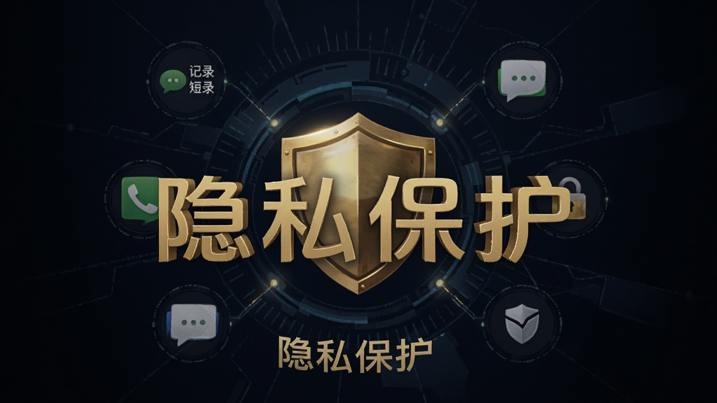 画面主体为猎鹰拦截的隐私保护盾界面,中央是一个金色盾牌图标,周围环绕通话记录、短信、应用锁等小图标,背景为深色渐变,布局以盾牌为中心向外辐射,风格科幻且庄重,细节上“隐私保护”字样醒目,画质细腻,无多余元素