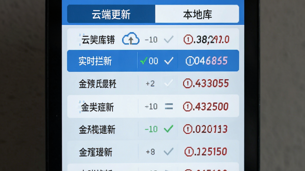 画面主体为猎鹰拦截的骚扰拦截库,展示一个不断滚动的号码列表,顶部有“云端更新”与“本地库”标签,背景为蓝白相间,布局采用列表式设计,风格简洁直观,细节突出“实时更新”与“已拦截”数字,画质清晰,无多余元素
