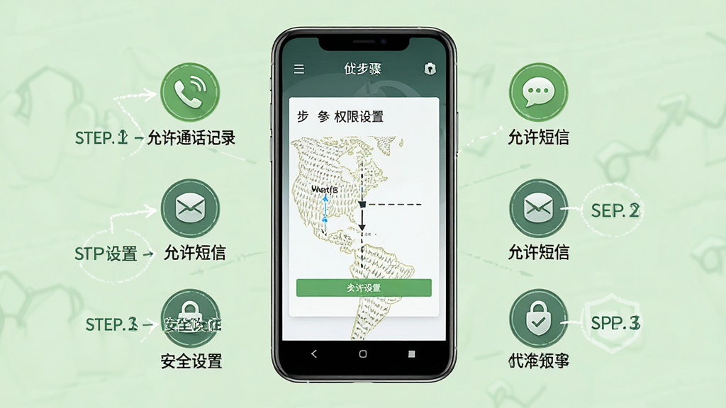 画面主体为猎鹰拦截使用指南示意图,展示一部手机正面朝上,屏幕上有权限设置步骤图解,四周有“允许通话记录”、“允许短信”等权限图标,背景为浅绿色,布局采用步骤式排列,风格简明教学,细节突出“安全设置”字样,画质清晰,无多余元素