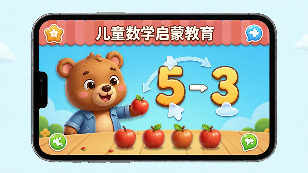 չʾ����ͯ��ѧ���ɽ�����APP�Ļ����γ�ҳ�棬��Ļ����һ����ͨС���ڷ�ƻ�������֡�5�����ֽ�ɡ�2���͡�3�����������϶�����Ч������ɫ���죬���ֱ�������ͨ��Ⱦ���ϸ�ڷḻ�������������ɾ��޶���Ԫ�ء�