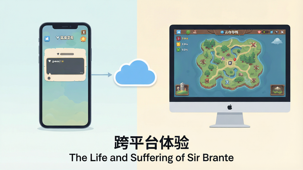 画面主体为手机与电脑并排放置,屏幕中显示同一款游戏的不同场景。布局采用左右分割构图,左侧为手机,右侧为电脑,中间以云朵图标连接,象征云存档。排版上,图片底部有文字提示