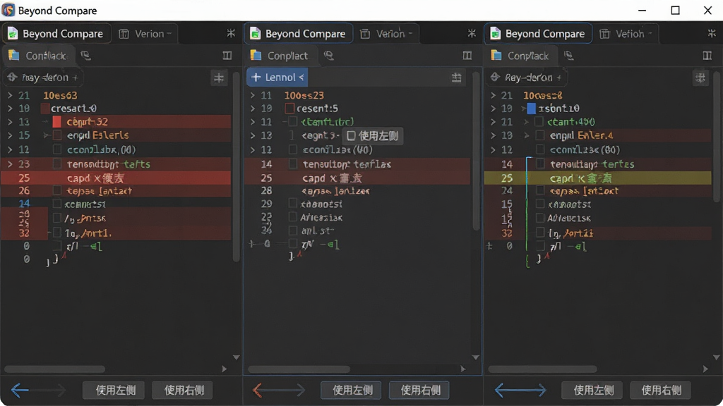 主体:Beyond Compare 三向合并界面,显示三个面板,中间为合并输出面板,左右为两个修改版本。布局:三栏水平排列,顶部为文件标签,底部有冲突导航按钮。排版:每个面板独立滚动,冲突区域用红色背景标出,合并面板可编辑。风格:专业代码合并工具风格,深色主题,颜色区分明显。细节:冲突编号、行号显示,提供“使用左侧”“使用右侧”按钮。画质:高清,细节丰富,无多余元素。