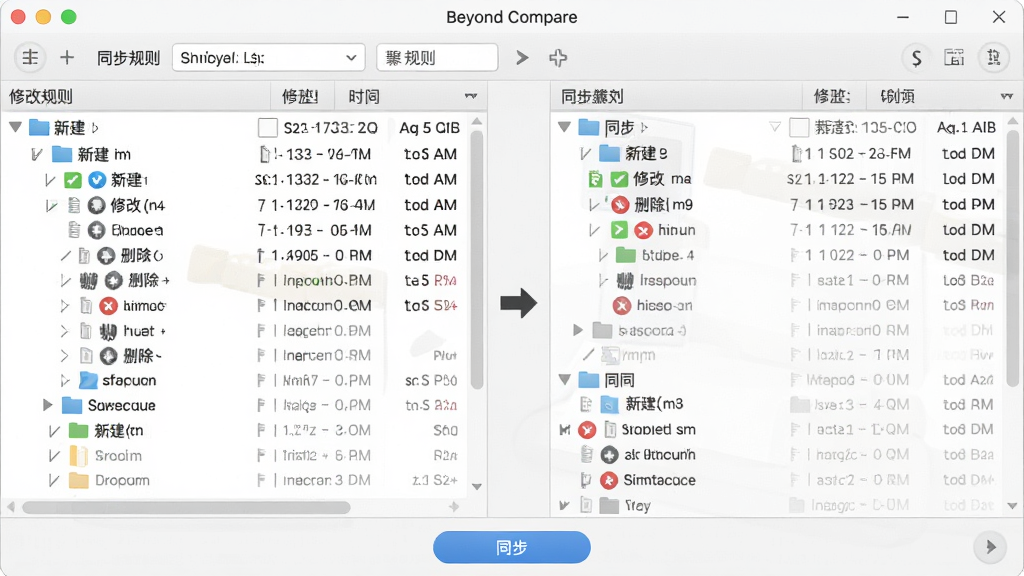 主体:Beyond Compare 文件夹同步界面,左右显示两个文件夹树,不同文件用不同颜色图标标出,中间有同步方向箭头。布局:左右分栏,树形结构展示文件夹层级,顶部有同步规则设置栏。排版:每个文件旁有状态图标(新建、修改、删除、相同),底部有“同步”按钮。风格:清爽的浅色商务风格,图标简洁,颜色区分明显。细节:文件大小、修改时间等属性列显示,同步预览区域显示操作内容。画质:高清,干净,无多余元素。