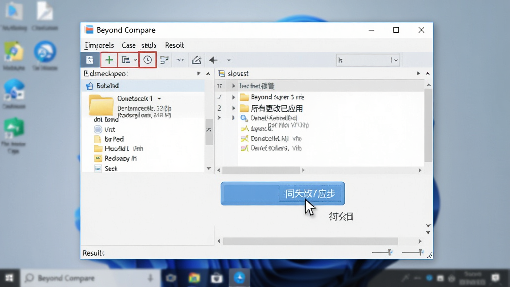 主体:Beyond Compare 在 Windows 电脑上运行的截图,显示一个文件夹对比结果,用户正在点击“同步”按钮。布局:屏幕中央为软件窗口,背景为模糊的桌面。排版:软件界面清晰,按钮突出。风格:真实使用场景,光线充足。细节:鼠标指针指向按钮,界面显示“所有更改已应用”。画质:高清,干净,无多余元素。