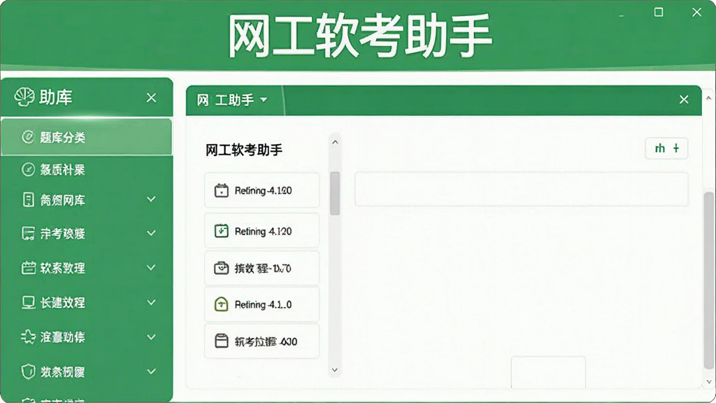 图片居中展示网工软考助手主界面,左侧为题库分类列表,右侧为答题页面,顶部显示“网工软考助手”品牌字样,整体设计简洁明亮,绿色主色调,突出专业教育感,高清画质,无多余元素。