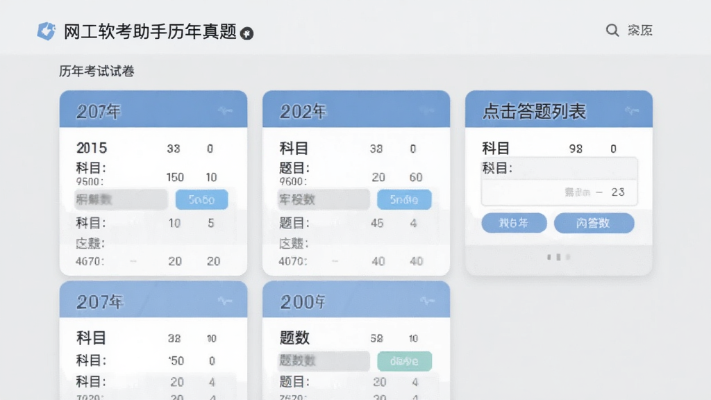 网工软考助手历年真题页面,展示历年考试试卷列表,每张试卷卡片显示年份、科目与题数,点击进入答题界面,背景为浅灰色,卡片式布局,简洁大方。