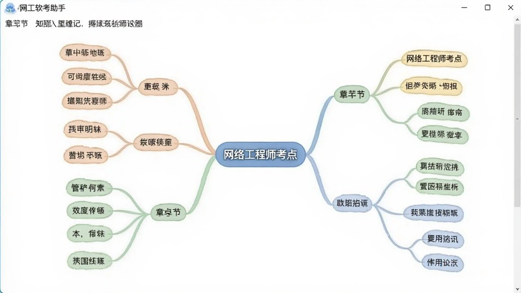 网工软考助手考点速记页面,展示思维导图样式的知识框架,中心为“网络工程师考点”,分支展开各章节知识点,色彩柔和,清晰易读。
