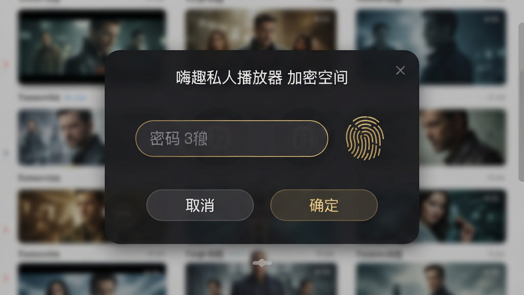 主体:嗨趣私人播放器加密空间解锁界面,显示密码输入框和指纹图标。布局:界面居中,背景为模糊的影片列表,前景是浮层式的加密验证面板。排版:简洁的居中布局,密码框下方有“取消”和“确定”按钮。风格:安全、稳重、深色系。细节:密码输入框有圆角边框,指纹图标采用金色线条勾勒,面板顶部有“嗨趣私人播放器 加密空间”字样。画质:高清,干净,无多余元素。