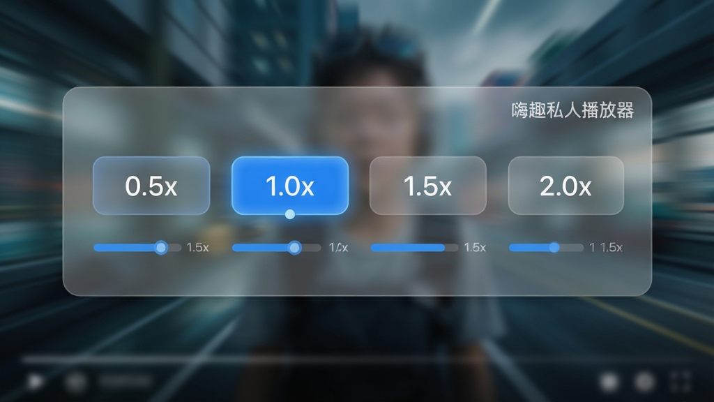 主体:嗨趣私人播放器倍速设置面板,显示0.5x、1.0x、1.5x、2.0x四个选项。布局:半透明设置面板悬浮在视频画面上方,视频画面为动态模糊背景。排版:选项横向排列,当前选中项高亮显示。风格:科技感、半透明磨砂效果。细节:每个倍速按钮下方有速度指示条,选中项为蓝色高亮,右上角有“嗨趣私人播放器”小字标识。画质:超清,干净,无多余元素。