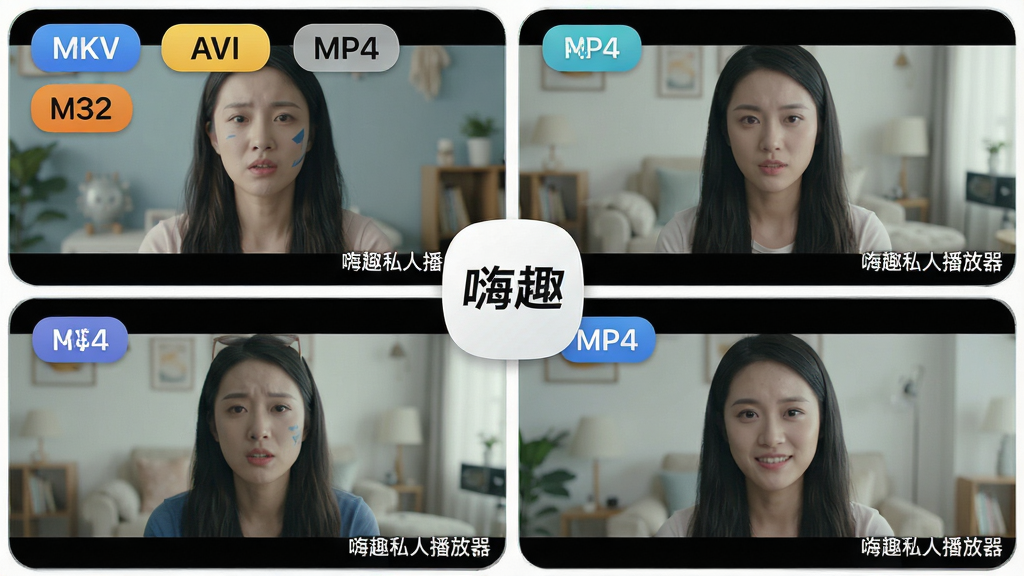 主体:嗨趣私人播放器播放不同格式视频的界面拼图,左上角有“MKV”“AVI”“MP4”等格式标签。布局:四宫格排列,每个格子展示不同视频画面,中央是播放器logo。排版:整齐的网格布局,每个格子边缘有圆角边框。风格:明亮、清晰、图标化。细节:每个视频画面上方悬浮着格式名称标签,右下角有“嗨趣私人播放器”水印。画质:高清细腻,干净,无多余元素。