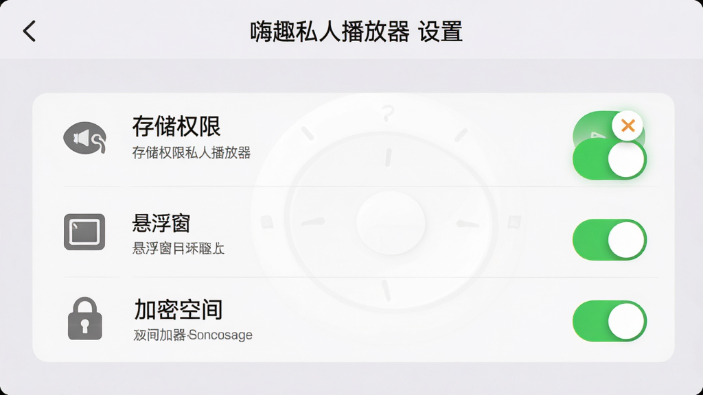 主体:嗨趣私人播放器设置界面,显示“存储权限”“悬浮窗”“加密空间”等选项,并配有开关按钮。布局:设置列表居中,背景为浅灰色,每个选项右侧有开关。排版:列表式布局,每行有图标和文字说明。风格:清爽、简洁。细节:开关按钮为绿色高亮,顶部有“嗨趣私人播放器 设置”字样。画质:高清,干净,无多余元素。