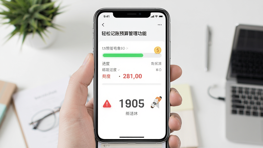 轻松记账预算管理功能预览图,主体为手机界面显示进度条和数字,布局居中,排版直观,风格清爽,细节包含绿色进度条和红色警告标识,画质干净无多余元素