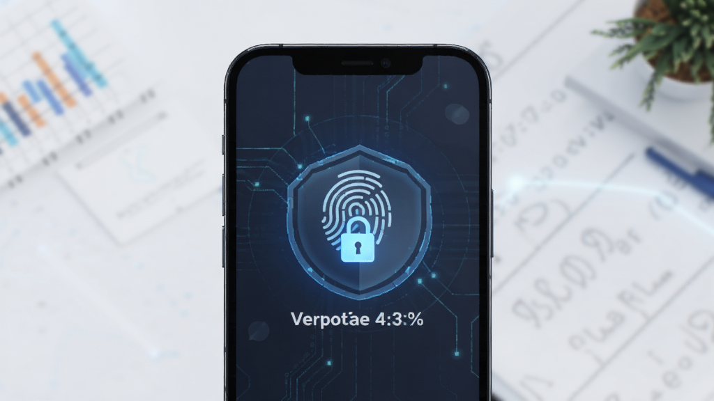 轻松记账数据安全功能预览图,主体为手机界面显示指纹解锁图标,布局居中,排版简单,风格科技感,细节包含盾牌和锁形图标,画质清晰无多余元素