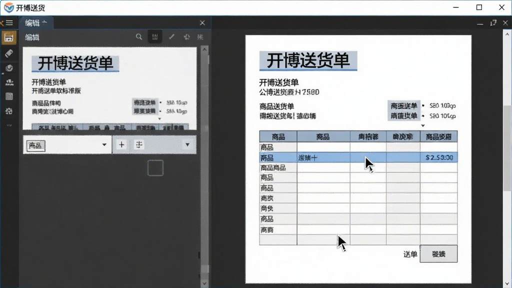 主体为开博送货单软件标准版的打印预览界面,界面左侧是送货单模板编辑区域,右侧是预览效果,模板上印有“开博送货单”字样及公司信息、商品表格。布局采用左右分栏,排版清晰,风格简洁商务,细节显示光标正在编辑商品行,画质干净明亮,无多余元素。