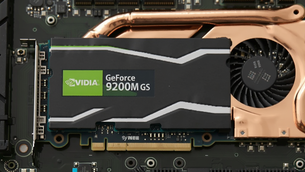 一张展示NVIDIA GeForce 9200M GS笔记本显卡芯片主体特写的图片,芯片位于笔记本主板中央,周围有散热铜管和风扇,布局清晰,风格写实,细节丰富,画质干净,无多余元素。