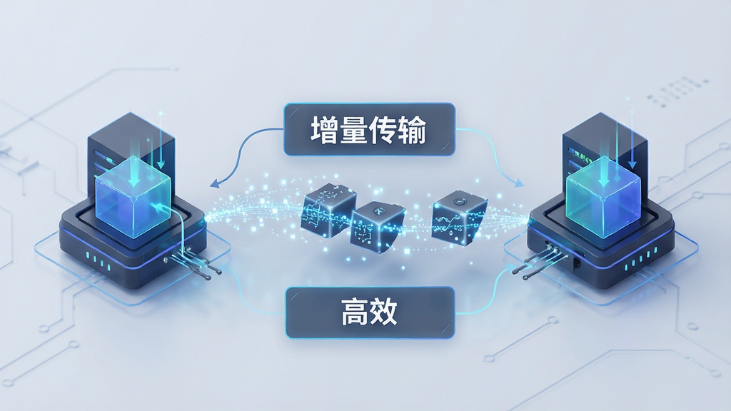 自同步增量同步过程示意图,主体为两台设备间传输数据块的可视化动画,布局采用左右设备图标中间流动的光点线条,排版简洁明了,风格科技感十足,细节标注“增量传输”与“高效”文字,画质干净清晰,无多余元素