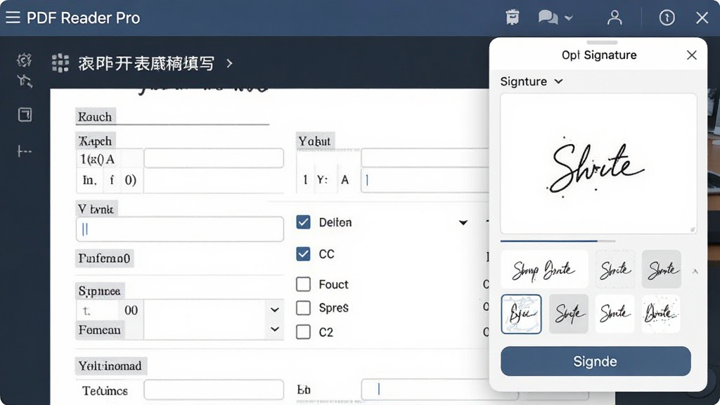 PDF Reader Pro 表单填写界面,屏幕上显示一份表格,有输入框和勾选框,右侧弹出签名面板,包含手写区域和签名样式选择,界面友好,操作直观,风格商务,画质清晰