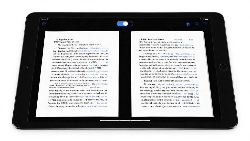 PDF Reader Pro 阅读界面,平板设备上显示双页视图,左侧一页右侧一页,顶部有夜间模式切换按钮,背景为深色,文字清晰,画面细腻,风格写实,高画质,干净无杂物