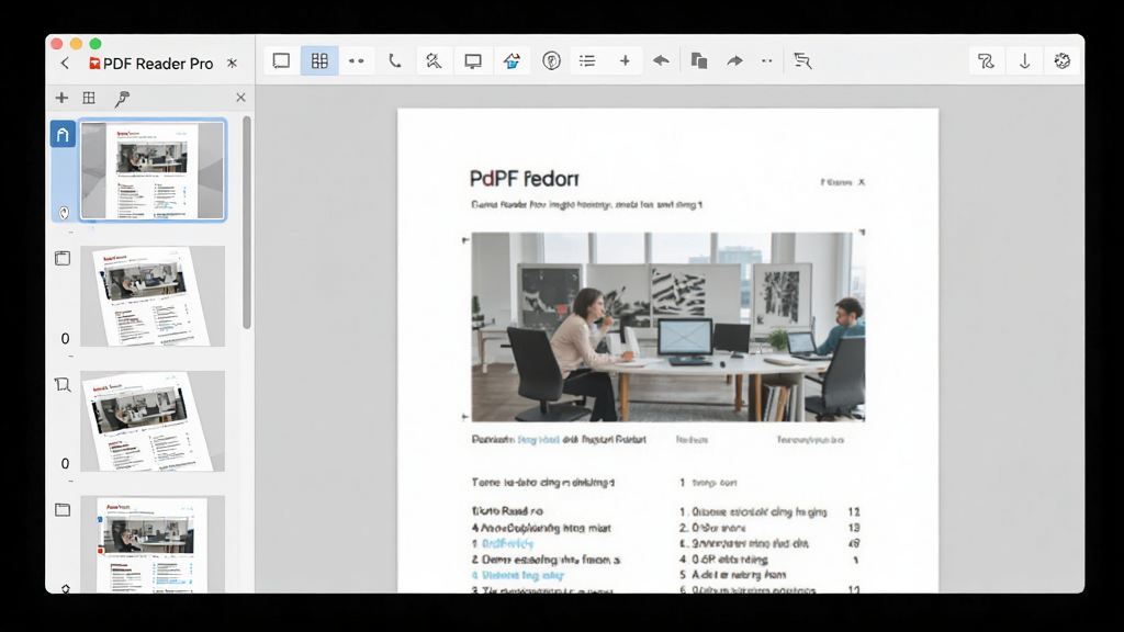 PDF Reader Pro 主界面展示,左侧缩略图栏,中间文档显示区,上方工具栏,整体界面清晰整洁,现代扁平化设计风格,浅色背景,高分辨率,画质干净,无多余元素