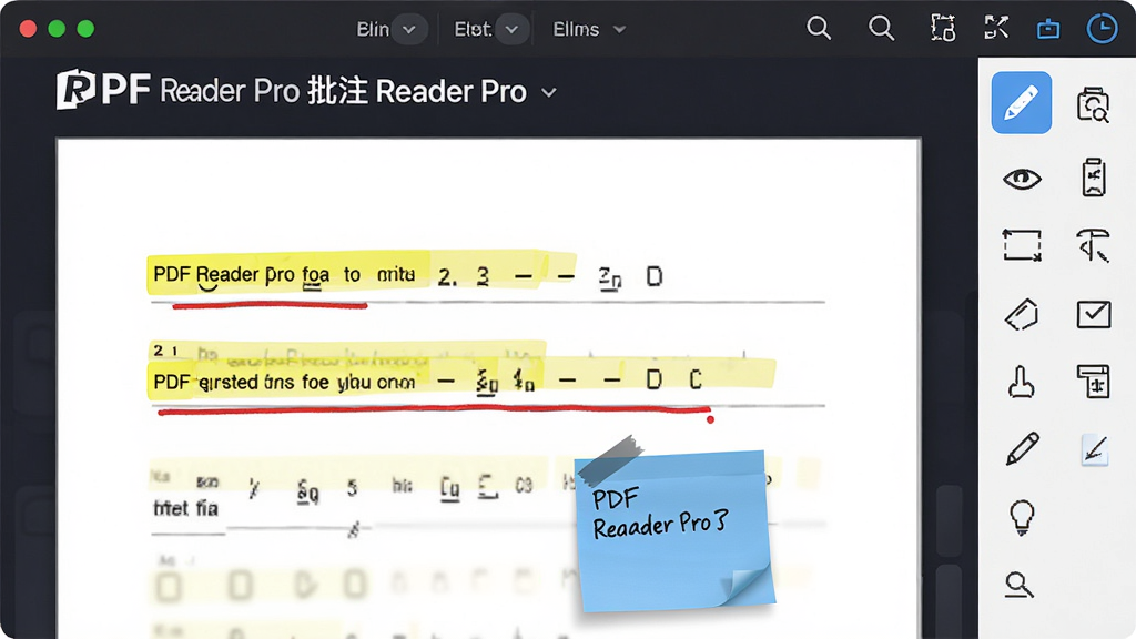PDF Reader Pro 批注功能演示,文档页面上有黄色高亮、红色下划线和蓝色便签,右侧工具栏显示各种批注图标,界面简洁,色彩鲜明,细节丰富,高分辨率,画质干净