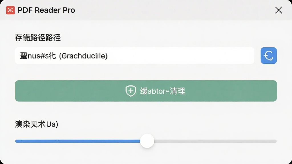 PDF Reader Pro 设置界面,显示存储路径选择、缓存清理按钮、渲染质量调节滑块,界面简洁,选项清晰,风格现代,高画质,干净无多余元素