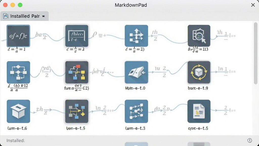 MarkdownPad插件管理窗口,列表显示已安装的插件图标,包括数学公式、流程图等,界面整齐,风格简洁,画质清晰,无多余元素