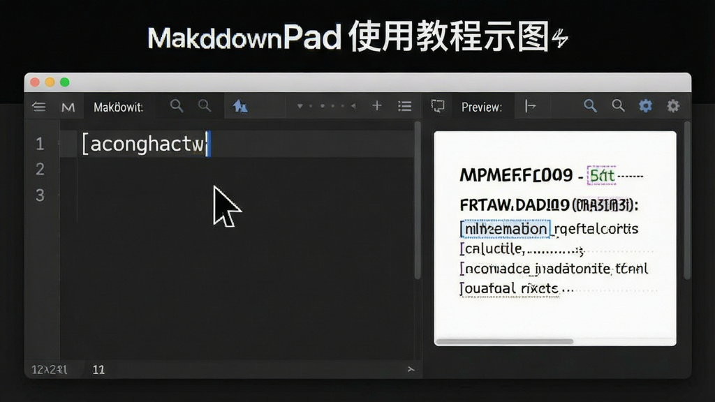 MarkdownPad使用教程示意图,展示光标在编辑区输入文字,预览区显示格式化效果,界面清爽,风格教学,画质清晰,无多余元素